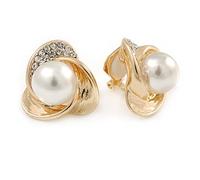 Pendientes de clip chapados en oro, cristal, perlas de cristal sintético, flor de 3 pétalos, 20 mm, talla única, Sin tipo de metal, Diamante. Perla de cristal