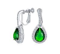 Pendientes de clip de tornillo estilo vintage de 7CT con halo de esmeralda verde simulada de circonita cúbica AAA CZ, lágrima colgante de moda para mujer, fiesta, dama de honor, boda, plateado.