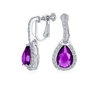 Pendientes de Clip en Forma de Lágrima Colgante de Moda con Circonita Cúbica Simulada de Amatista Púrpura de Estilo Vintage de 7CT AAA CZ para Mujer, Boda, Dama de Honor, Baile de Graduación, Plateado