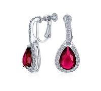 Pendientes de Clip en Forma de Lágrima Colgante de Moda con Circonita Cúbica Simulada de Rubí Rojo Estilo Vintage de 7CT AAA CZ para Mujer, Boda, Dama de Honor, Baile de Graduación, Plateado.