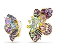 Pendientes de clip Idyllia, Diseño asimétrico, Tallas mixtas, Pavé, Flor, Multicolores, Baño tono oro OS