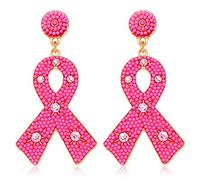 Pendientes de concientización sobre el cáncer de mama con cuentas, aretes de cinta rosa para mujer, aretes colgantes de gota de declaración para sobrevivientes de cáncer de mama, Zinc, estrás