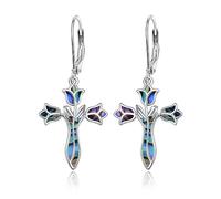 Pendientes de cruz de tulipán para mujer, plata de ley, concha de abulón, rosa, flor, colgantes, confirmación de fe, joyería cristiana, regalos religiosos