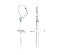 Pendientes De Cruz Religiosa Clásicos Simples Lisos Y Colgantes Para Mujeres Y Adolescentes Con Cierre De Palanca Seguro Acabado Pulido Y Fabricados En Plata Esterlina .925