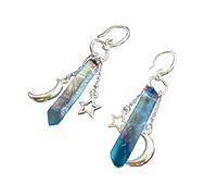Pendientes de cuarzo con luna y estrella, joyería hippie para mujer, regalo de cristal de color plateado, colgante de cuarzo natural, talla única, como se describe, como se describe