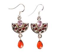 Pendientes de cuarzo rosa eterno y granate - Sentimental Oval & Pera Stones en elegante plata 925, gota amada de 34 mm, 6x4, 6x4, 2.5, Plata de ley, Cuarzo rosa y cuarzo granate