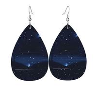 Pendientes de cuero azul oscuro con vista nocturna. Elegante forma de lágrima, perfectos para mujeres y una gran opción decorativa para fiestas y vacaciones.
