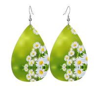 Pendientes de cuero con colgante de lágrima con diseño de margaritas y flores florales, ligeros y versátiles, adecuados para viajes diarios y citas