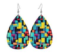 Pendientes de cuero con diagrama geométrico cuadrado. Elegante forma de lágrima, perfectos para mujeres y una gran opción decorativa para fiestas y vacaciones.