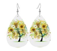 Pendientes de cuero con diseño de árbol floral con margaritas, girasoles, mariposas, patrón de lágrima, textura ligera de lujo, adecuados para el uso diario, aretes de fiesta y cita