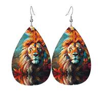 Pendientes de cuero con diseño de león de pintura al óleo | Pendientes impresos en forma de gota de agua, adecuados para escenas diarias, fiestas y citas