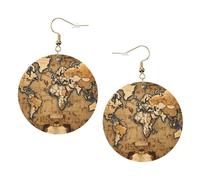 Pendientes de cuero con diseño de mapa del mundo antiguo para mujer, 1 par, ligeros, estampados, joyería de regalo para mujeres y niñas