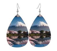 Pendientes de cuero con diseño de monte Fuji a principios de primavera. Elegante forma de lágrima, perfectos para mujeres y una gran opción decorativa para fiestas y vacaciones.