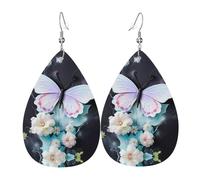 Pendientes de cuero con estampado de mariposa blanca con diseño colgante en forma de lágrima, ligeros y suaves.