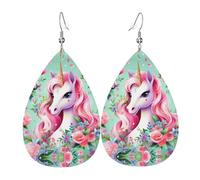 Pendientes de cuero con estampado de unicornio rosa para mujer, colgante simple en forma de lágrima, elegante regalo de vacaciones