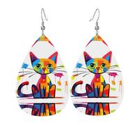 Pendientes de cuero con forma de lágrima con diseño de gato triste. Pendientes de lujo ligeros y de alta gama