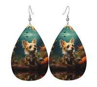 Pendientes de cuero con forma de lágrima con diseño de perro pequeño | Pendientes de lujo ligeros y de alta gama