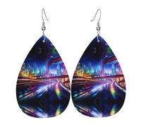 Pendientes de cuero con forma de lágrima impresos de Roads of the Future. Diseño de alta gama, aretes de lujo ligeros