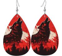 Pendientes de cuero con forma de lágrima, ligeros y colgantes para mujer: Howling Wolf Blood Red Moon Cool, White