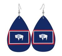 Pendientes de cuero con la bandera del estado de Wyoming. Elegante forma de lágrima, perfectos para mujeres y una gran opción decorativa para fiestas y vacaciones.
