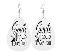 Pendientes de cuero con la frase "Smile Jesus loves you", ideales para decorar ropa, para festivales, fiestas y uso diario.