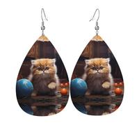 Pendientes de cuero con patrón de gato persa animado | Pendientes impresos en forma de gota de agua, adecuados para escenas diarias, fiestas y citas