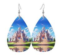 Pendientes de cuero con patrón exterior del castillo. Pendientes impresos en forma de gota de agua, adecuados para escenas diarias, fiestas y citas