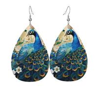 Pendientes de cuero estampado de pavo real azul entre flores con diseño colgante en forma de lágrima, ligeros y suaves.