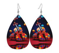 Pendientes de cuero impresos a doble cara con imagen de fondo de violín en forma de gotas de agua, creativos, ligeros y novedosos, colores brillantes y vivos.