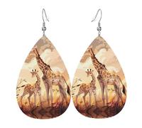 Pendientes de cuero impresos de doble cara con diseño de jirafa para madre e hijo en forma de gotas de agua, creativos, ligeros y novedosos, colores brillantes y vivos.