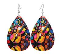 Pendientes de cuero impresos de doble cara con diseño de lunares de violín y forma de gotas de agua, creativos, ligeros y novedosos, colores brillantes y vivos.