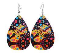 Pendientes de cuero impresos de doble cara con fondo de violín en forma de gotas de agua, creativos, ligeros y novedosos, colores brillantes y vivos.