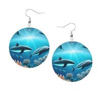 Pendientes de cuero ligeros con estampado de ballenas bajo el mar para mujer, aretes de aro colgantes de moda, joyería simple pero elegante