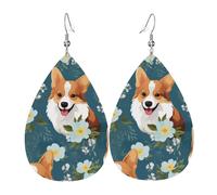 Pendientes de cuero para mujer con diseño de corgi sobre fondo azul, adecuados para uso diario, fiestas, citas y otras ocasiones