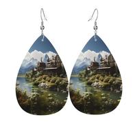 Pendientes de cuero para mujer, diseño de ciudad de cuento de hadas, adecuados para uso diario, fiestas, citas y otras ocasiones