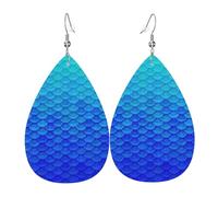 Pendientes de cuero para mujer, diseño de escamas de pez sirena, color azul océano, con estampado de lágrima, ligeros, para uso diario, fiesta y fecha, talla única, Cuero