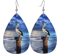 Pendientes de cuero para mujer Pelican Bird Blue Sea Sky Dangle Drop Earring para niñas