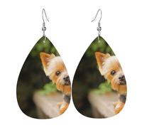 Pendientes de cuero, pendientes colgantes de lágrima de piel sintética para mujer, pendientes metálicosYorkshire Terrier Bokeh Lindo Perros Pared Yorkie