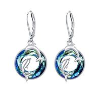 Pendientes de delfín de cristal, plata de ley S925 con doble delfín para amantes de los animales del mar del océano para mujeres y niñas, Plata, abalón