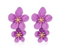 Pendientes de Doble Flor 3D - Colgantes Florales Bohemios y Elegantes - Joyas Llamativas de Flores Silvestres para Mujeres y Niñas (Púrpura)