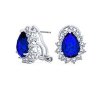 Pendientes de Estilo Clásico Vintage para Fiesta de Boda, Coctel, con Esmeralda Verde de 2.5CT y Zafiro Azul Real Simulado AAA CZ en Forma de Pera con Halo, para Mujer, con Cierre Omega, Chapados en