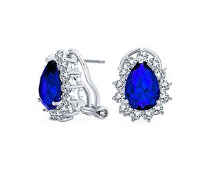 Pendientes de Estilo Clásico Vintage para Fiesta de Boda, Coctel, con Esmeralda Verde de 2.5CT y Zafiro Azul Real Simulado AAA CZ en Forma de Pera con Halo, para Mujer, con Cierre Omega, Chapados en
