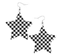 Pendientes de estrella de cuero a cuadros en blanco y negro, elegantes y hermosos, ligeros, colgantes para mujeres y niñas