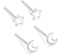 Pendientes de estrella y luna para mujer, 2 pares de pequeños pendientes simples, plata de ley S999, estrella y luna, para niñas, regalo minimalista para niñas y adolescentes, Kleine Größe, Plata, No