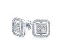 Pendientes de Estudio para Hombre con Doble Caja Cuadrada Redondeada Geométrica y Pavé de Circonita Cúbica CZ en Plata de Ley .925 de 12MM