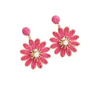 Pendientes De Flores De Rafia Roja Rosa para Mujer, Hechos A Mano, con Forma De Flor Envuelta En Paja De Ratán, Estilo Bohemio, con Estilo Floral, para Playa, Verano Y Tropical.