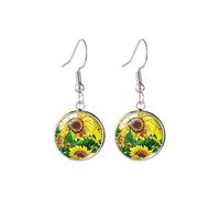 Pendientes de gancho hechos a mano con diseño de flores amarillas en jarrón, girasoles, pintura al óleo, aretes de plata hipster
