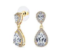 Pendientes de Gota de Lágrima con Halo Pavé de Novia de Circonia Cúbica AAA CZ para Boda Mujeres Prom Adolescente Latón Chapado en Oro Amarillo de 14k