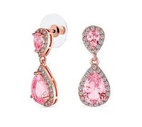 Pendientes de Gota de Lágrima de Circonita Cúbica Rosa AAA con Halo Pavé Nupcial para Boda Mujeres Prom Adolescente de Latón Chapado en Oro Rosa