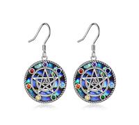Pendientes de gota de pentagrama de plata de ley 925 con 7 chakras, estrella y luna creciente, regalos para mujer, 1.28*0.67 inches, Plata de ley, Circonia cúbica